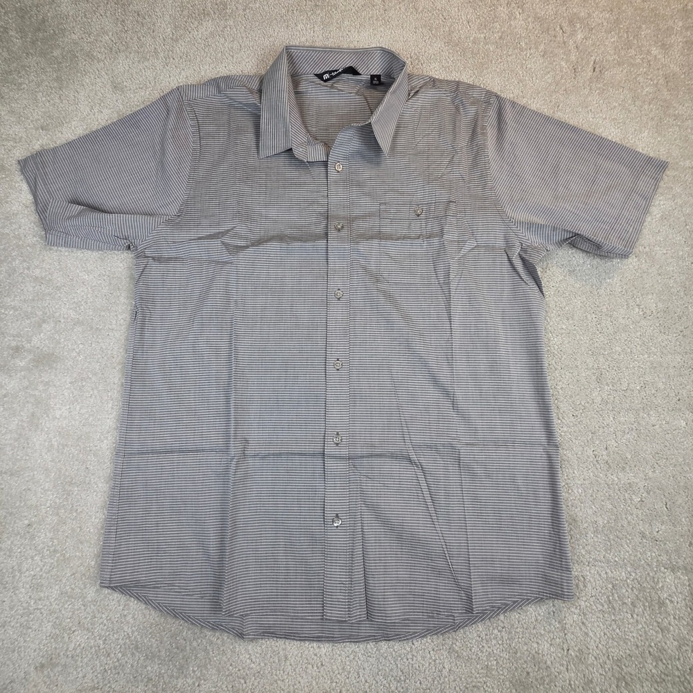 Travis Mathew Mens XL Short Sleeve Button Down Shirt Grey Stripe Cotton Nylon
